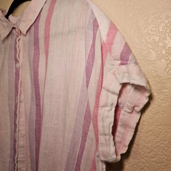 Beach Lunch Lounge Linen Blend Striped Button Down Beachy Shirt Large Preppy - Picture 4 of 11